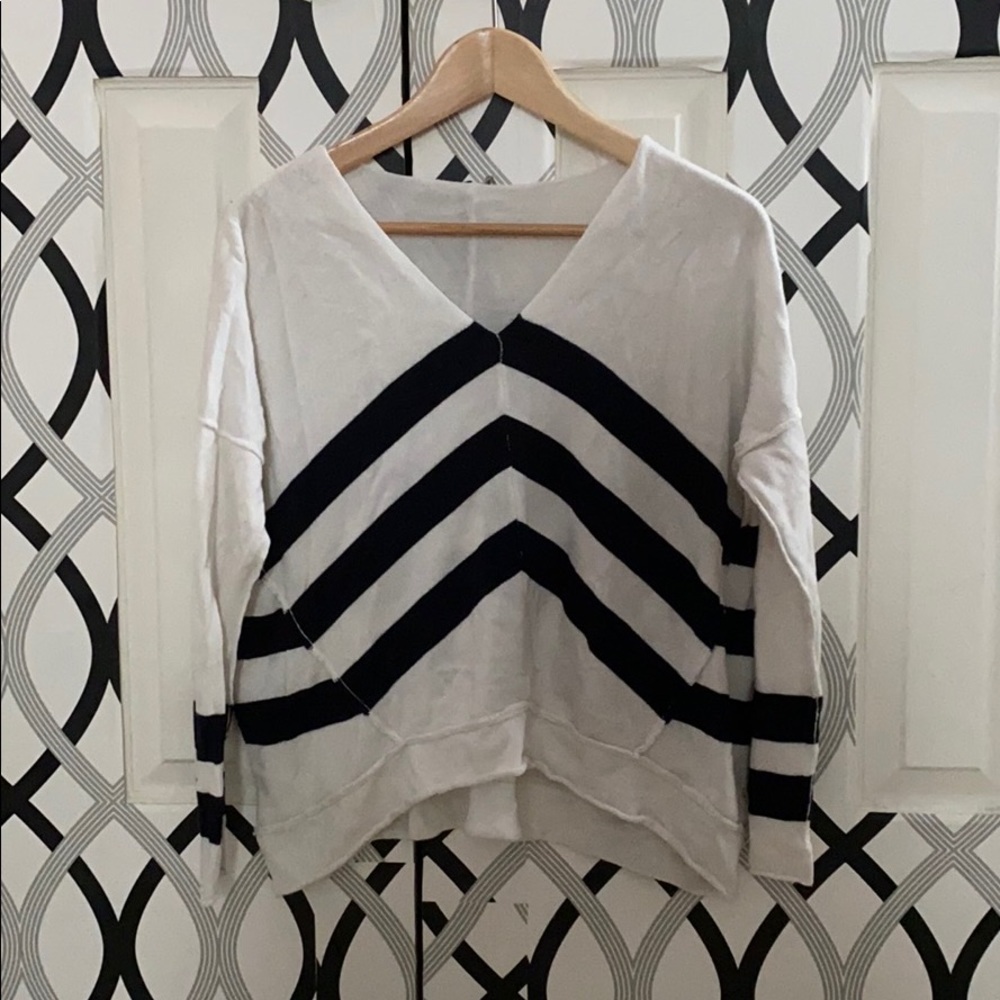 White V Neck Sweater with Black Stripes